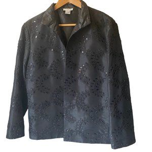 Grace‎ Chuang vtg black open jacket embroidered sequins long sleeves women XL